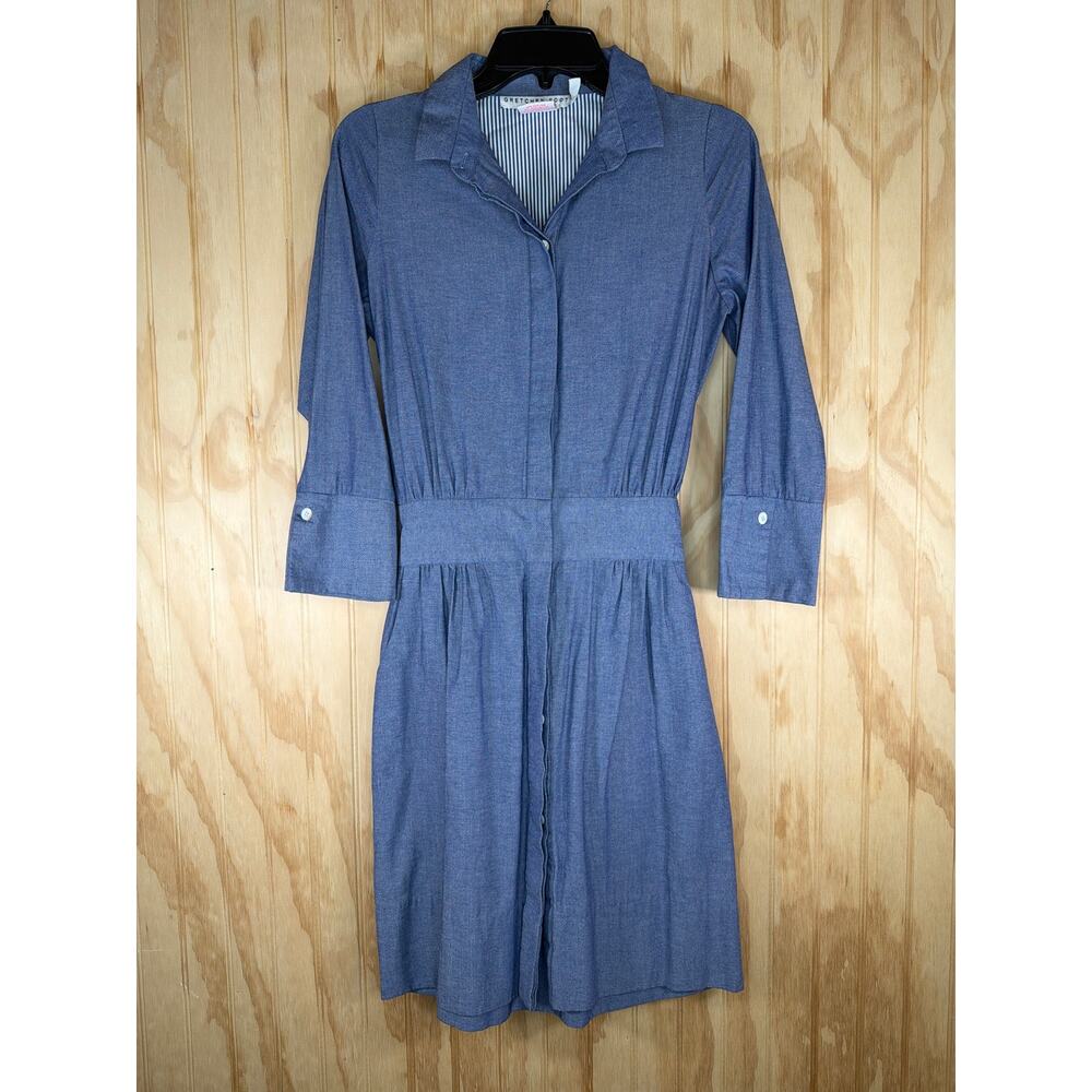Gretchen Scott Chambray Belted Fit Flare Shirt Dress XS Blue Coastal Preppy